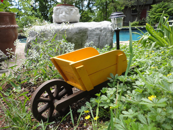 There we go, a wee little wheelbarrow sets the tone for this miniature garden world.  Land of the Giants! 
