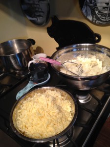 potato, white cheddar and Polish pressed cottage cheese get mixed together to make the pierogi filling.